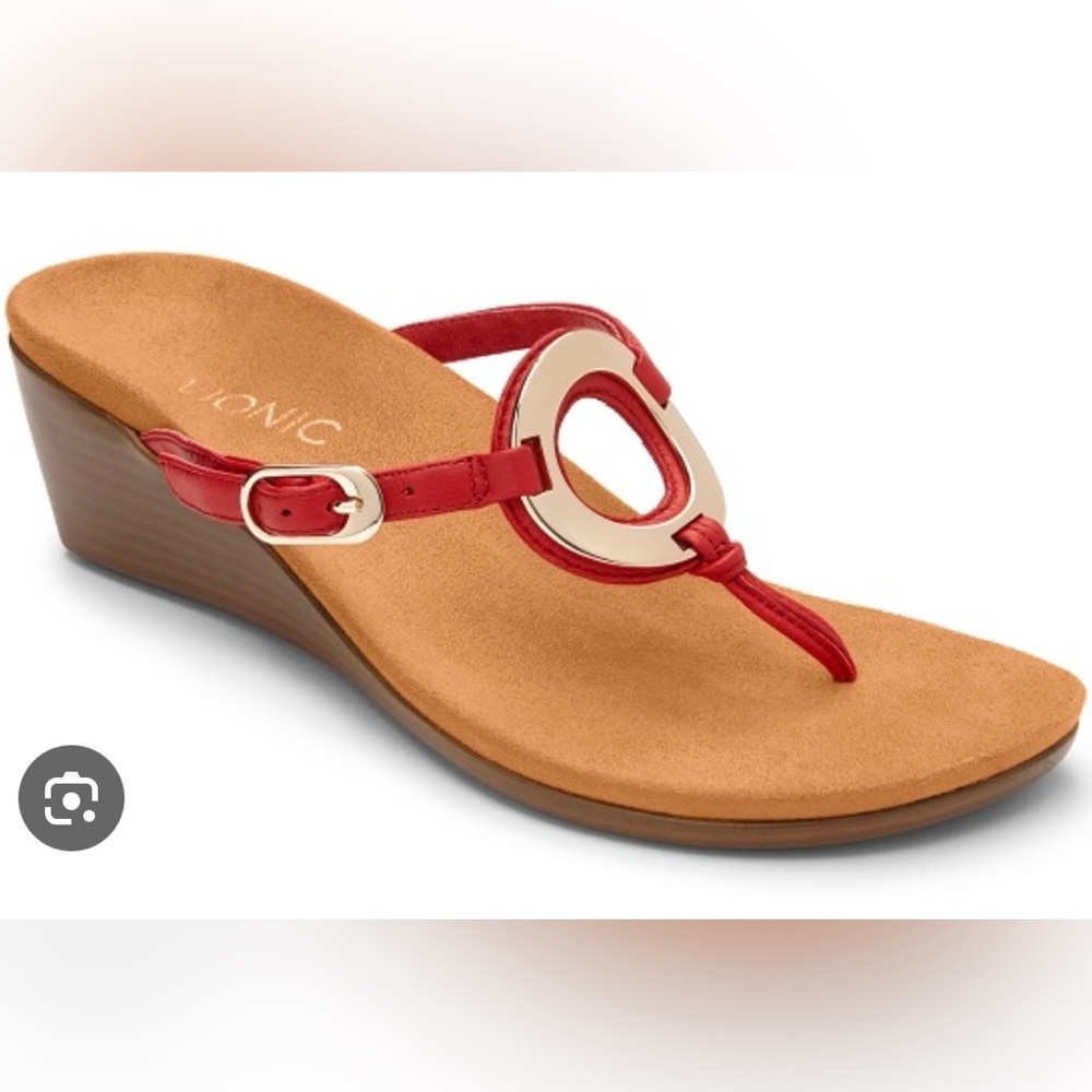 Vionic Orchid Red Leather Wedge Thong Sandals Gold